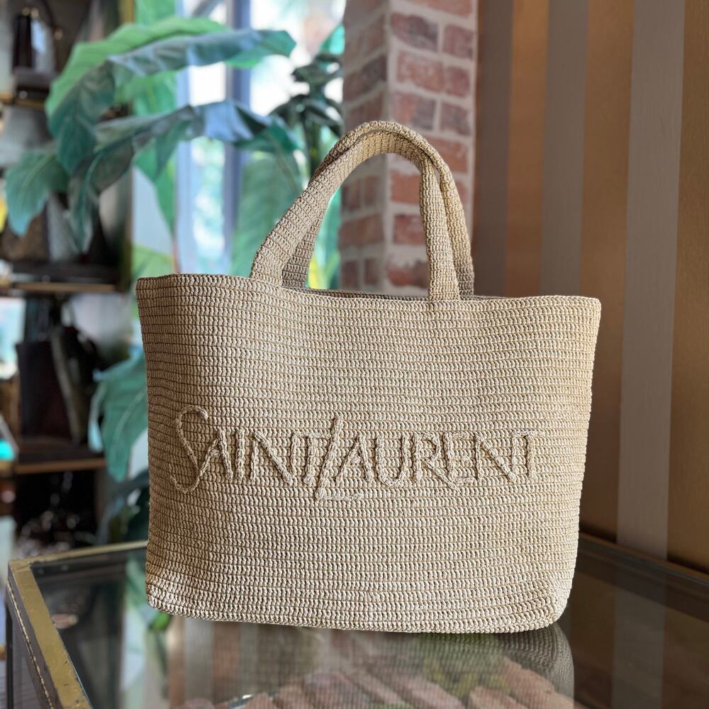 SAINT LAURENT Natural Raffia Logo Tote Bag - Picture 1 of 9